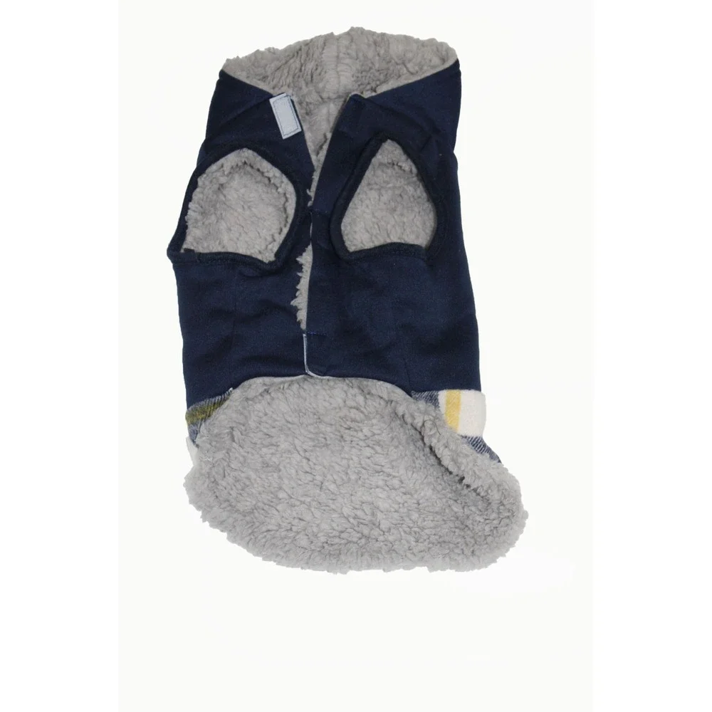 Navy Blue Dog Toggle Coat Hoodie Plaid Sherpa Lined Pet Jacket XS